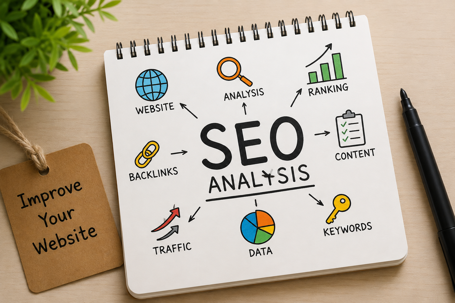 A clean editorial-style SEO illustration featuring a notebook with SEO analysis concepts such as website optimization, rankings, backlinks, keywords, traffic, content, and data, representing a free domain SEO analysis tool and website performance review.